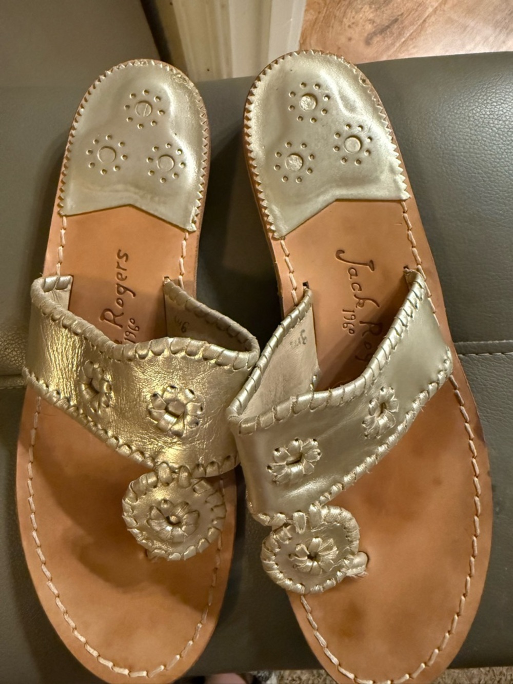 Jack Rogers Metallic gold Leather Whipstitch Slide Sandals